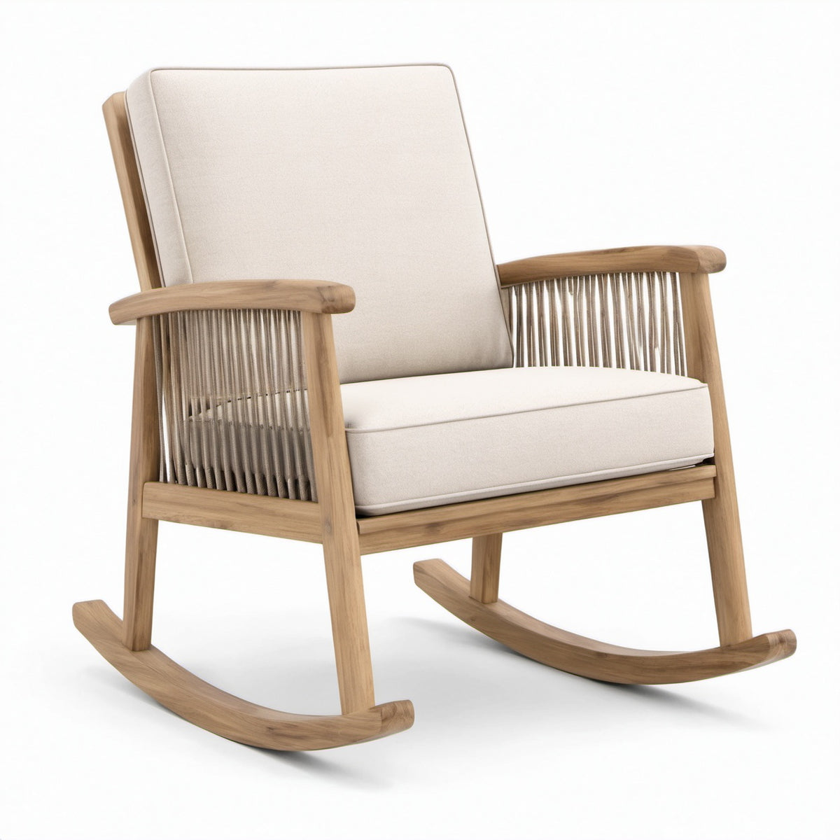 Schaukelstuhl aus Holz mit Leinenpolsterung Beige