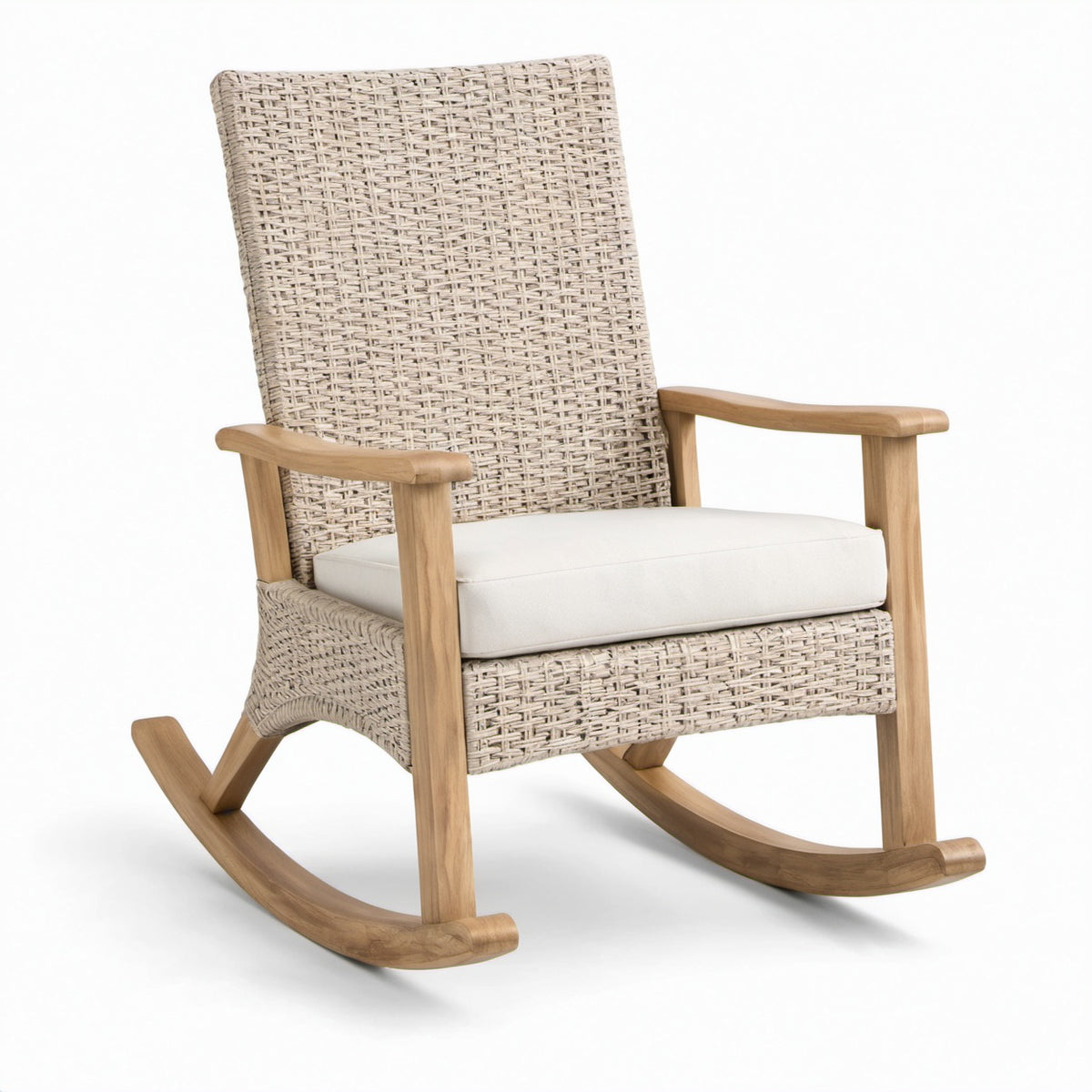 Rattanschaukelstuhl mit Teakrahmen und Kissen in Beige