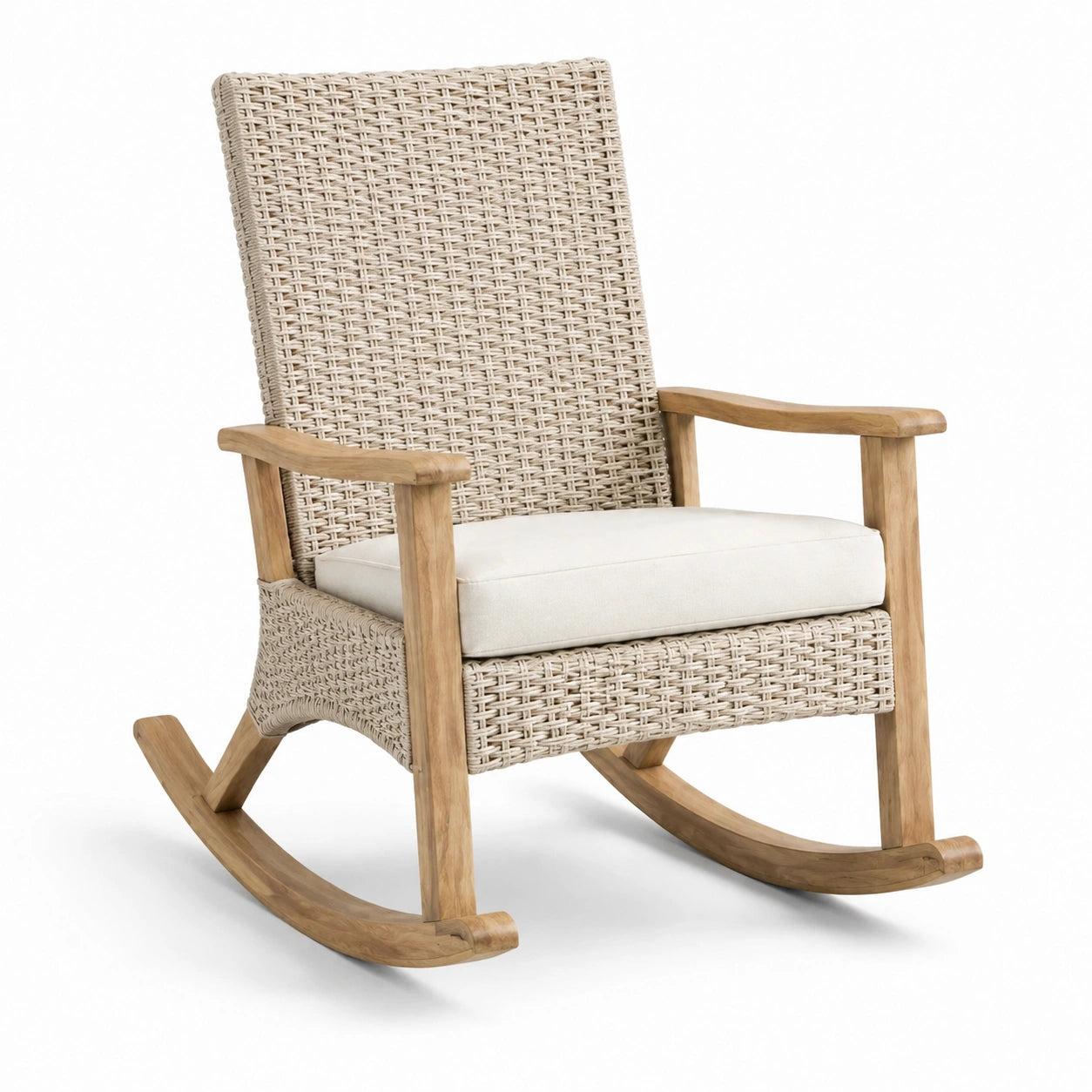 Rattanschaukelstuhl mit Teakrahmen und Kissen in Beige