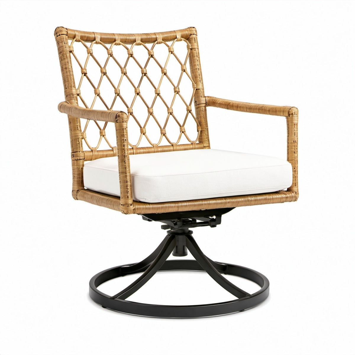 Rattan Drehstuhl mit Metallgestell und beige Kissen