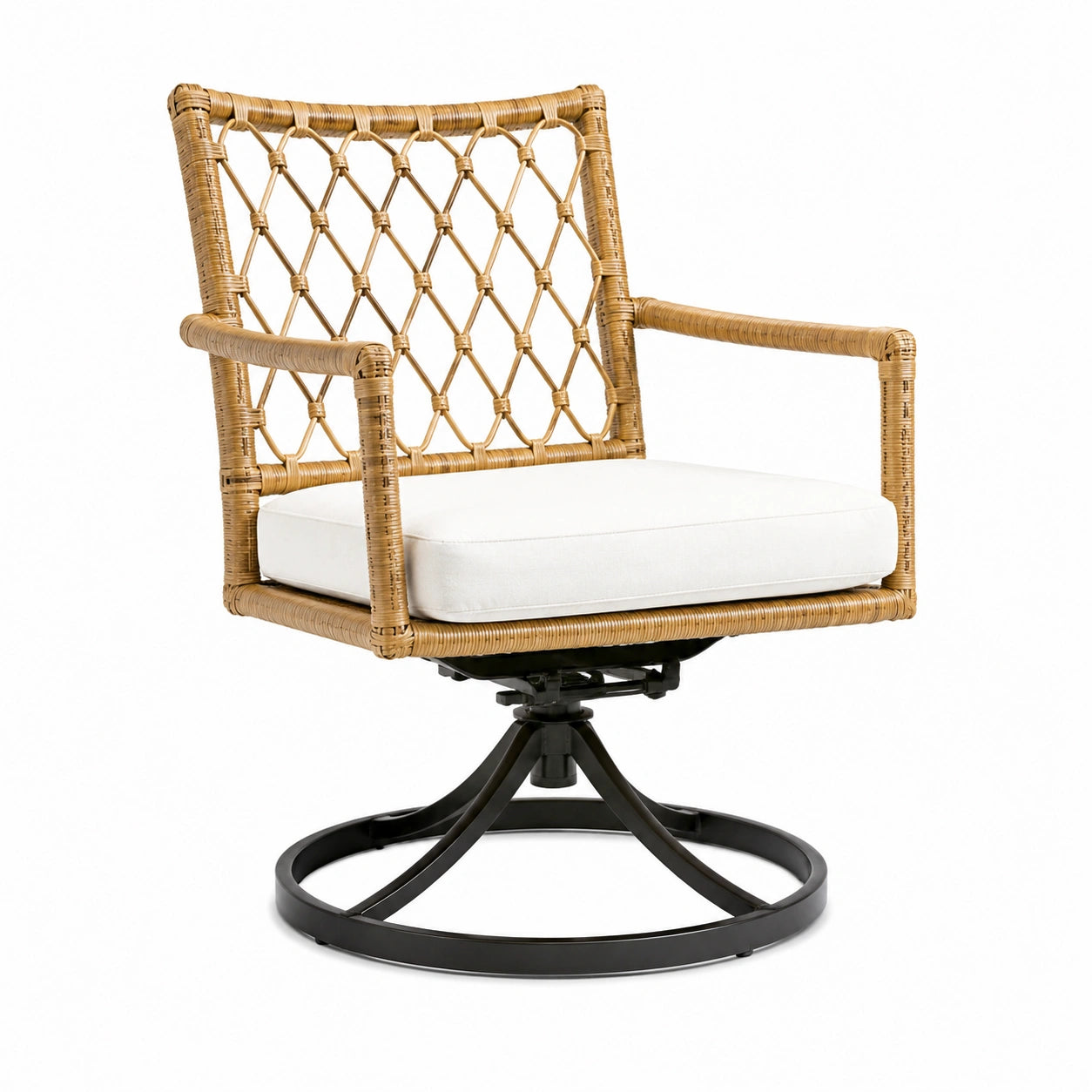 Rattan Drehstuhl mit Metallgestell und beige Kissen