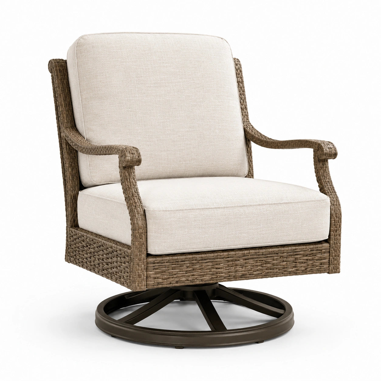 Drehsessel Polyrattan Beige Kissen Aluminiumgestell