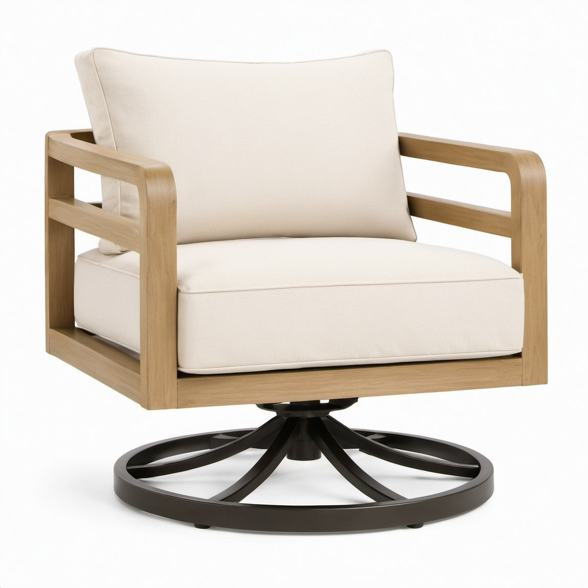 Drehsessel mit Akazienholzrahmen und Polyesterbezug Beige