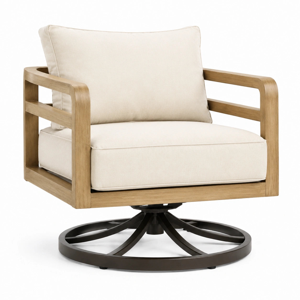 Drehsessel mit Akazienholzrahmen und Polyesterbezug Beige