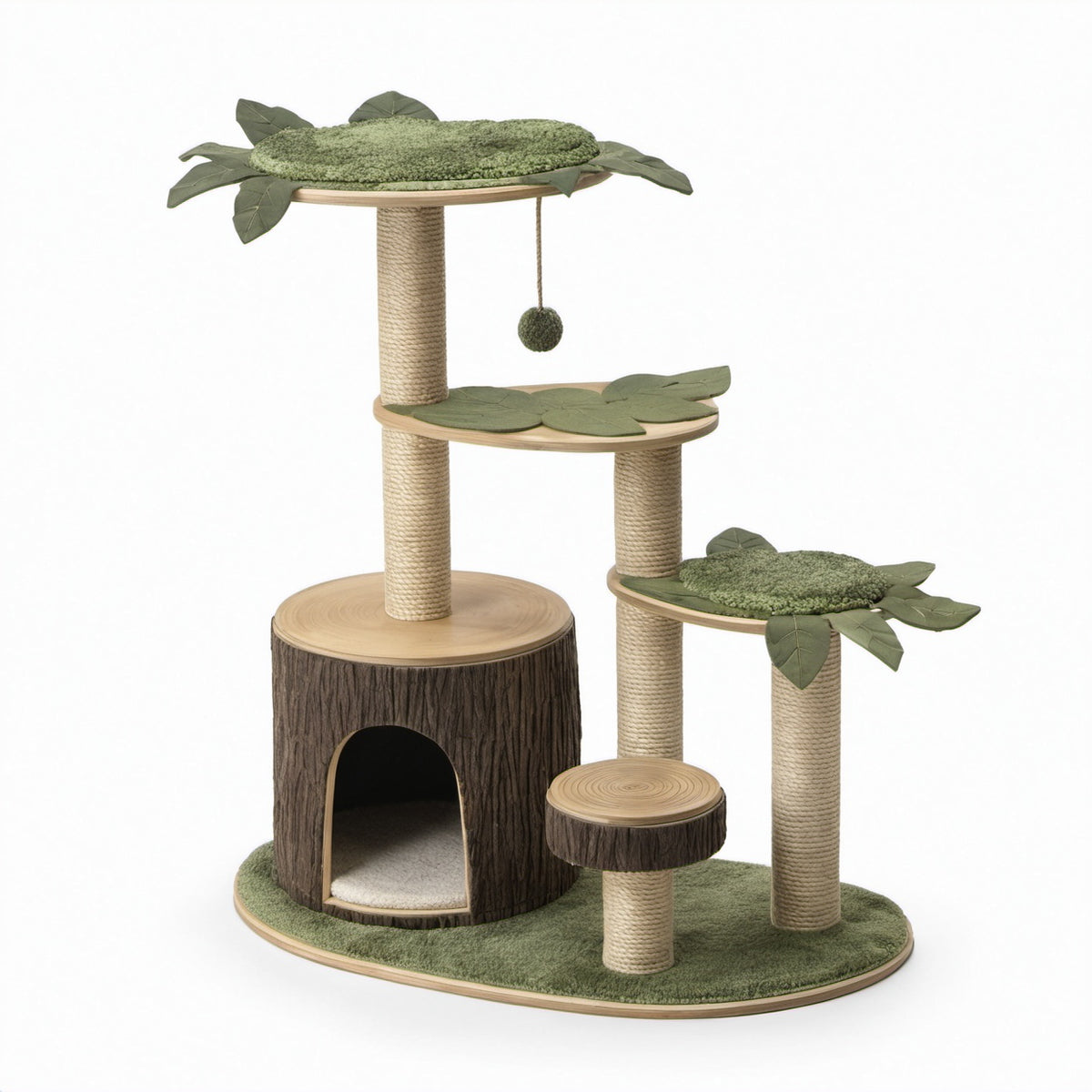 Kratzbaum mit Blattform-Plattformen und Sisalstämmen in Grün/Braun Holzoptik