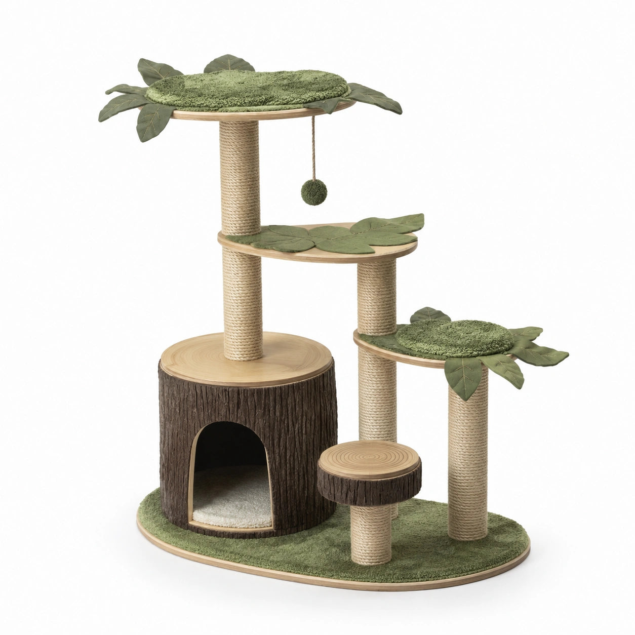 Kratzbaum mit Blattform-Plattformen und Sisalstämmen in Grün/Braun Holzoptik