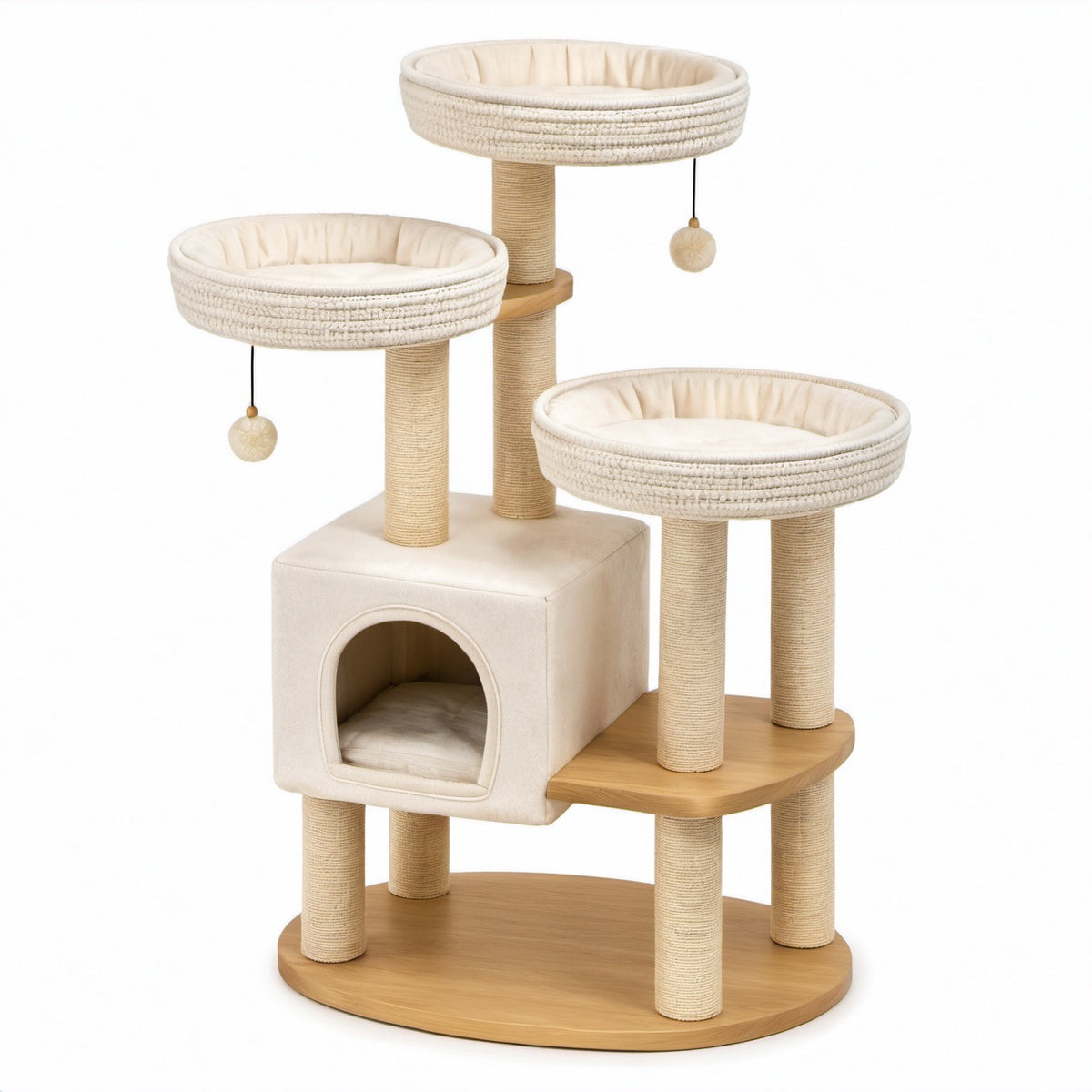 Kratzbaum mit Holz, Stoff und Sisal, Beige, 70x50x120cm