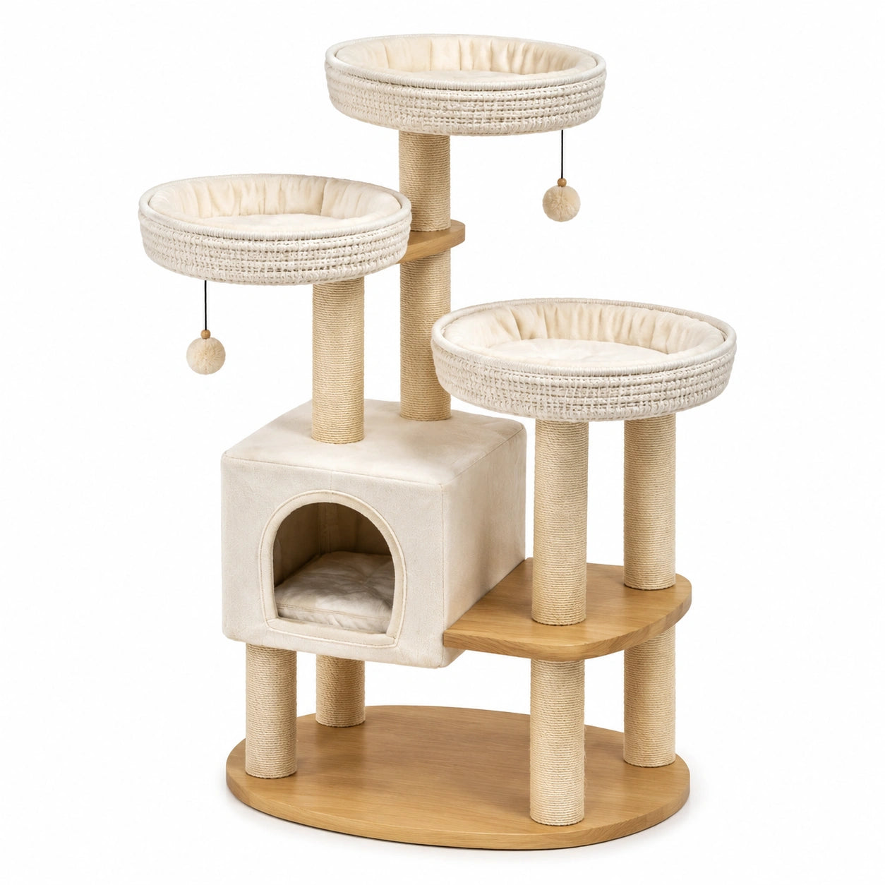 Kratzbaum mit Holz, Stoff und Sisal, Beige, 70x50x120cm