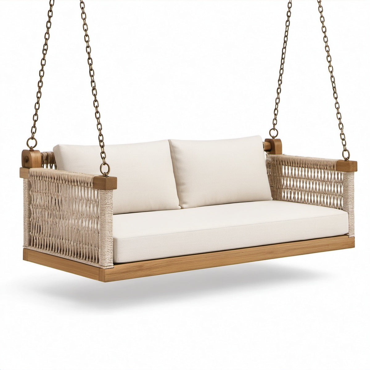 Hängesofa 2-Sitzer Holzrahmen Baumwollseil Polyesterkissen Beige