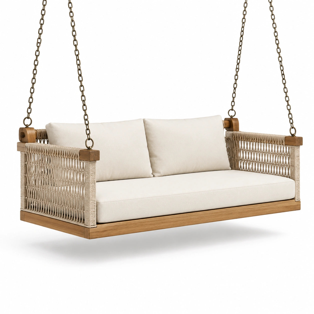 Hängesofa 2-Sitzer Holzrahmen Baumwollseil Polyesterkissen Beige