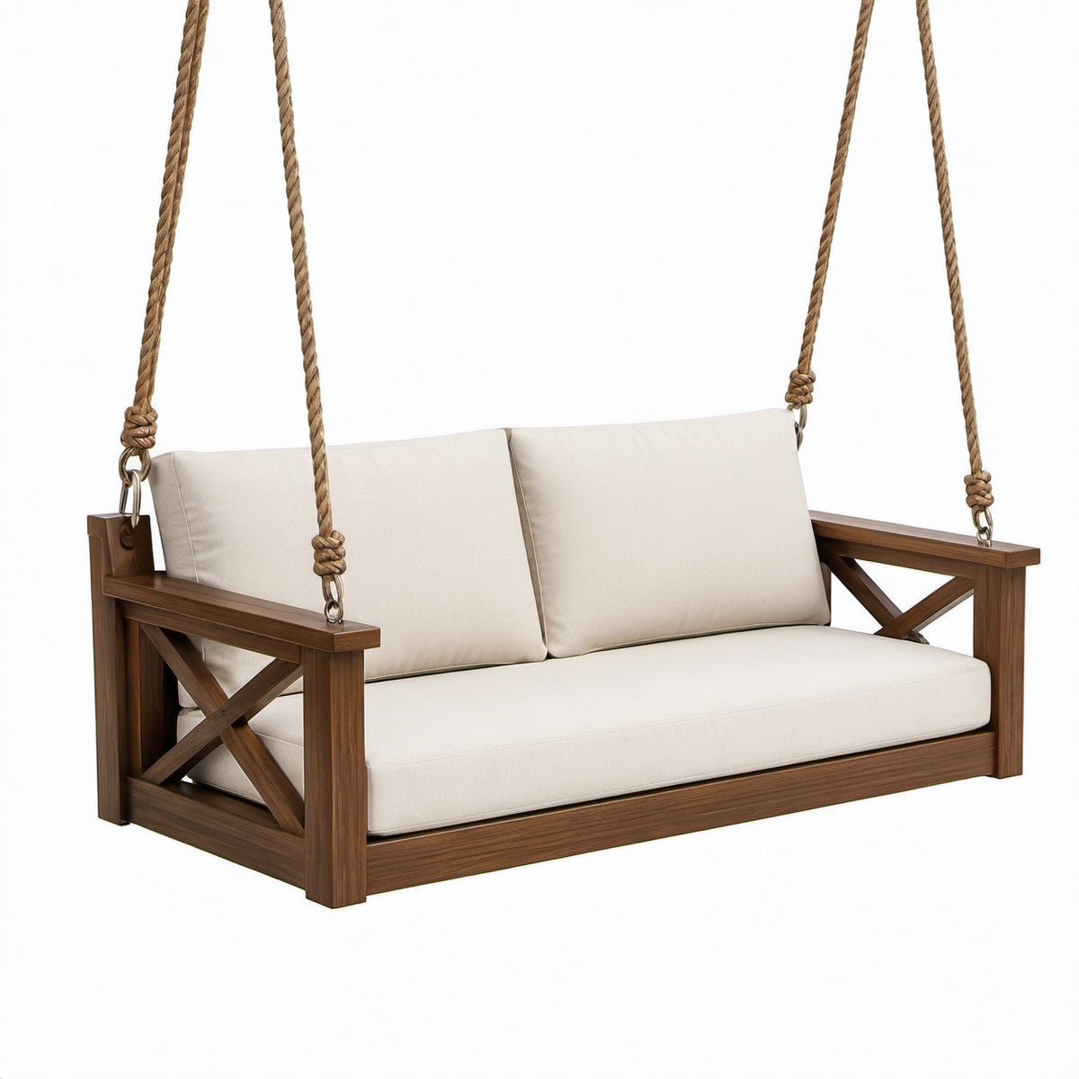 Holzschaukelbank mit Juteseil und Polsterbezug in Beige