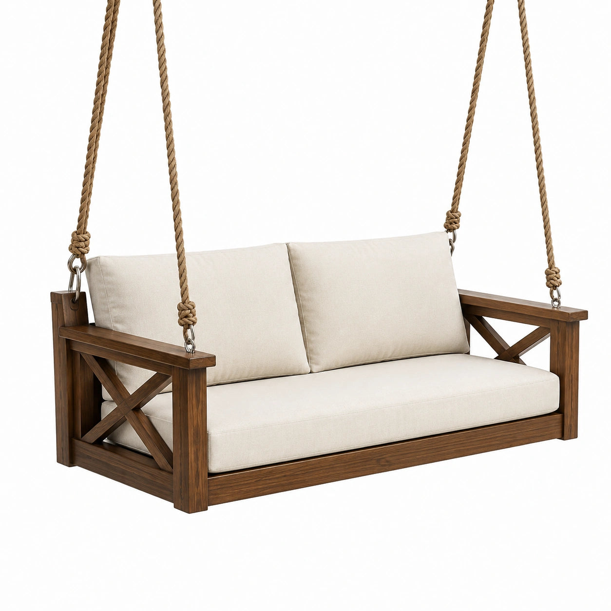 Holzschaukelbank mit Juteseil und Polsterbezug in Beige